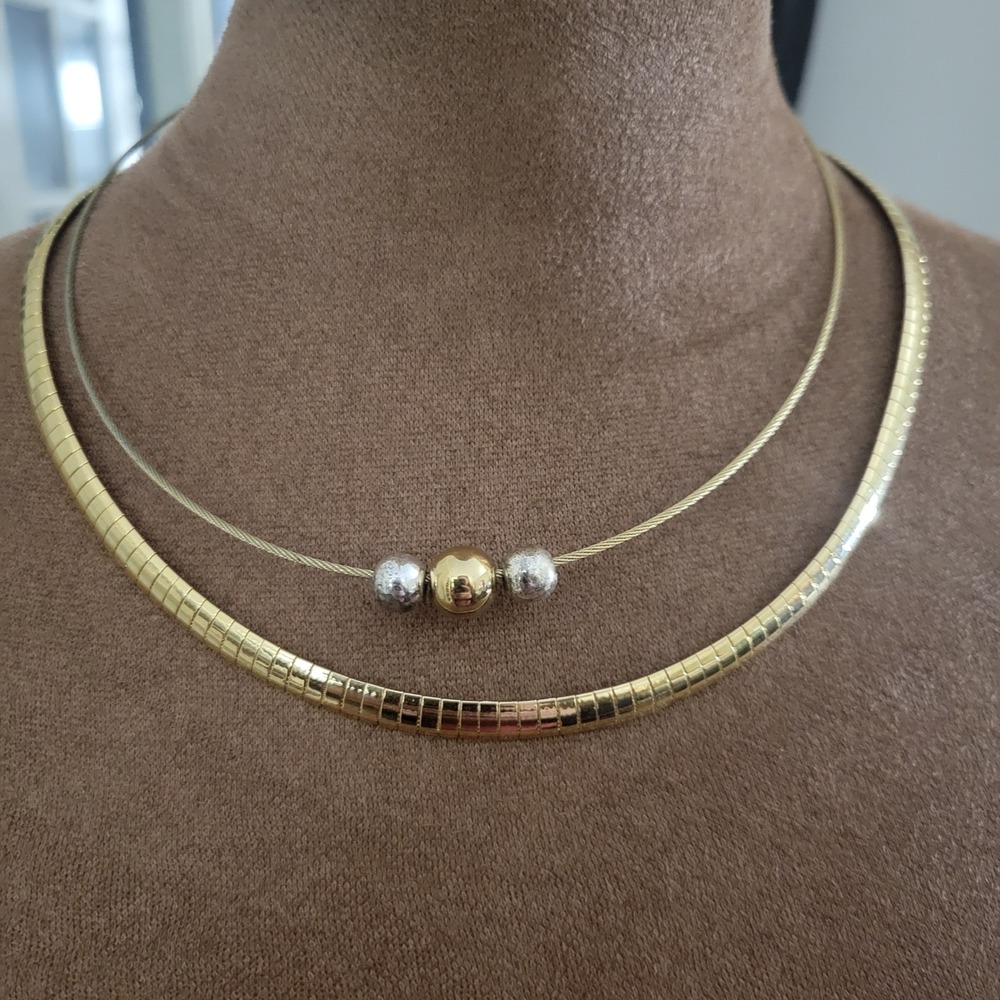 Vintage Gold Silver Two Strand‎ Omega Bead Necklace 16" Minimalist 90s Lot